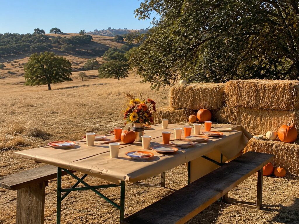 Birthday party table set with pumpkins and hay bales at KR Farms