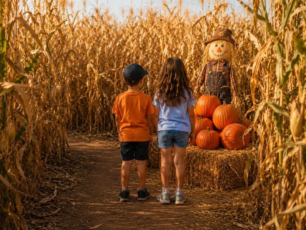 Two children looking at a scarecrow and pumpkin display inside the corn maze at KR Farms