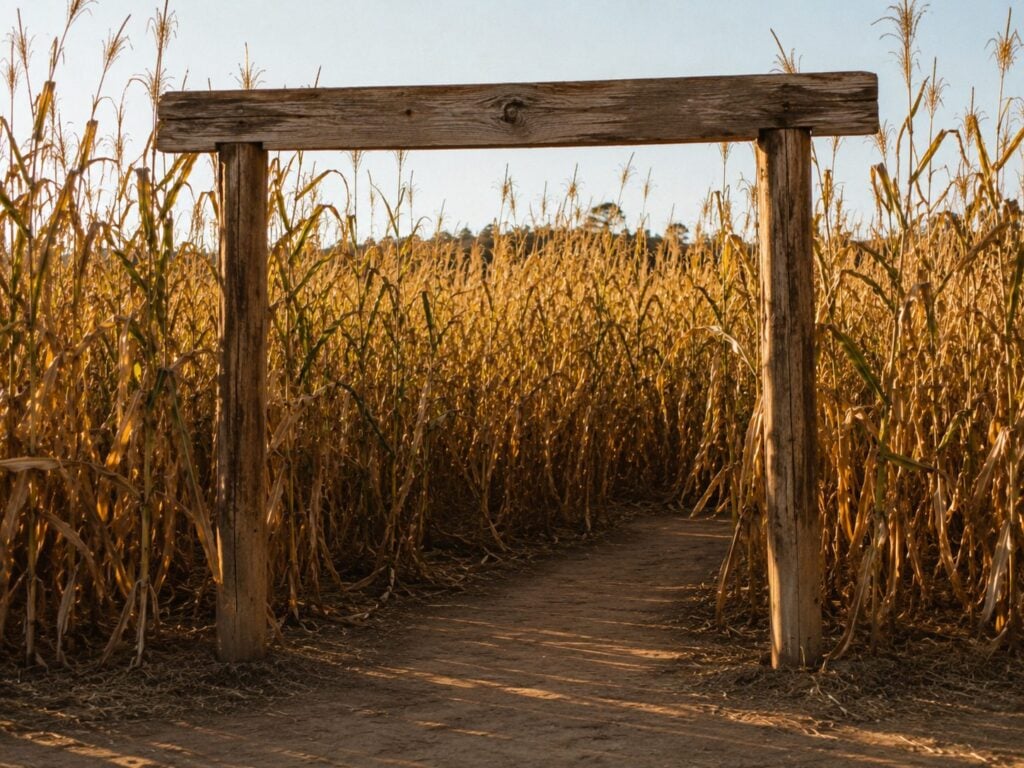 Rustic wooden entrance arch at the start of the corn maze trail at KR Farms