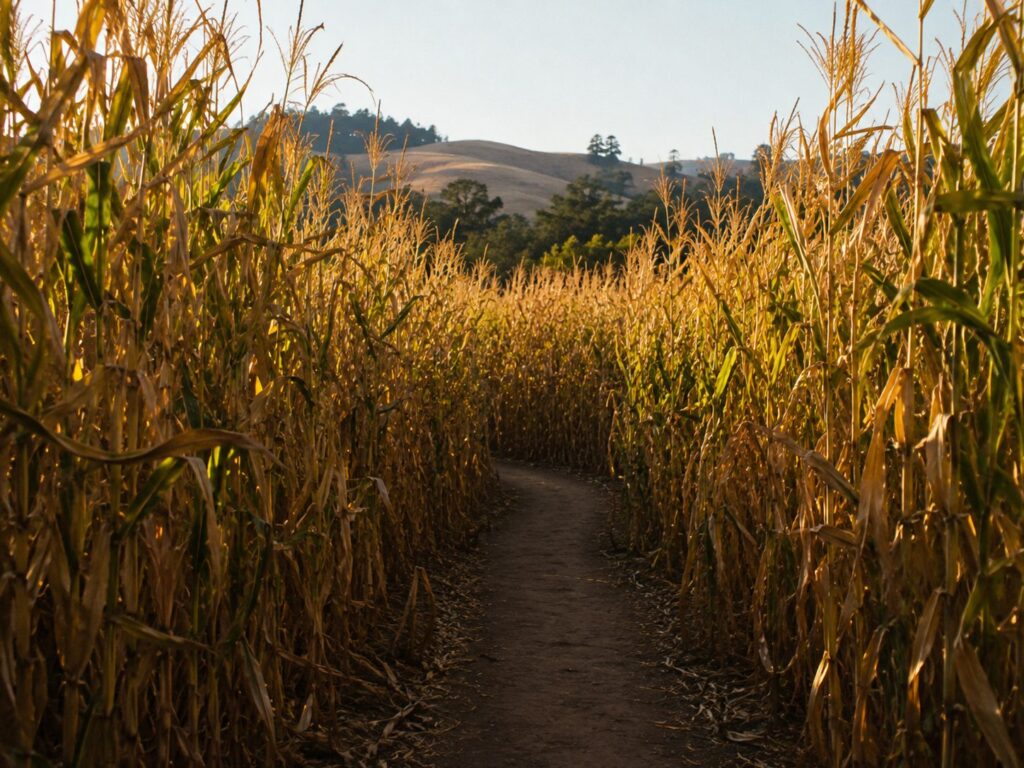 Dirt path winding through the corn maze at KR Farms in the late afternoon