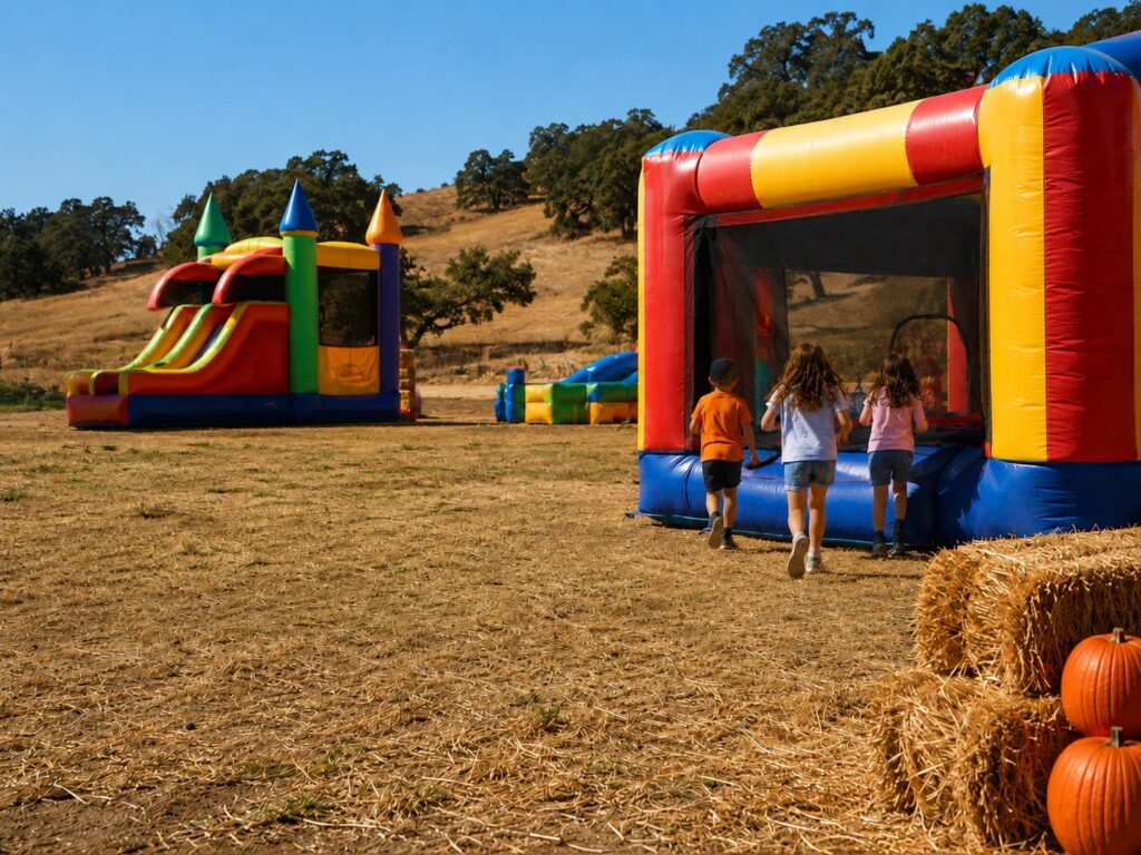 Kids heading into the bounce houses in the Fun Zone at KR Farms
