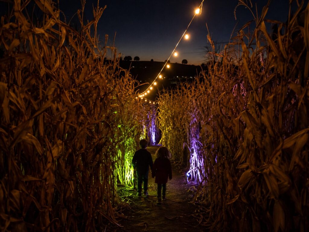 Children walking the lighted Rowdy Jack Trail corn maze at KR Farms after dark