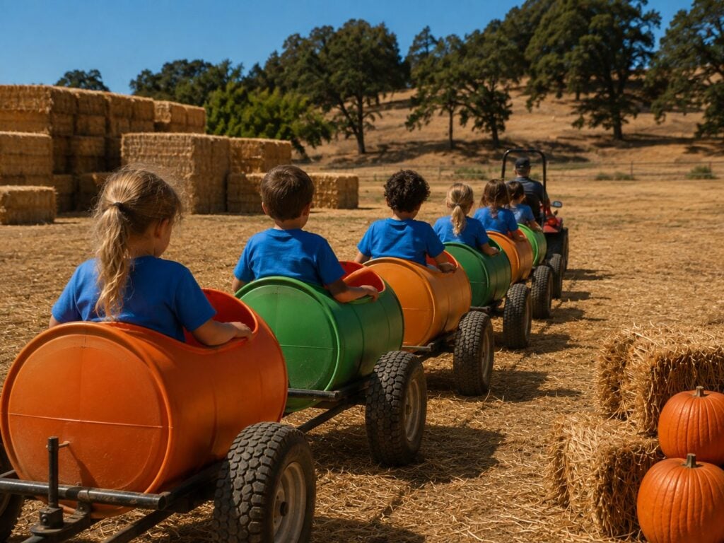 A group of kids in matching shirts riding the barrel tractor train at KR Farms