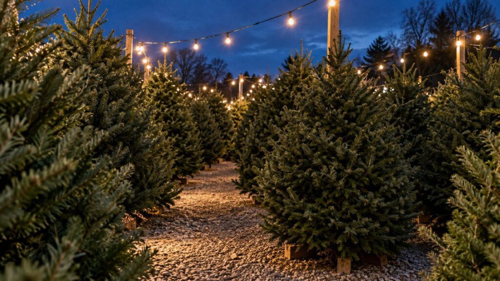 Rows of fresh-cut Christmas trees under warm string lights at dusk at KR Farms Winterland